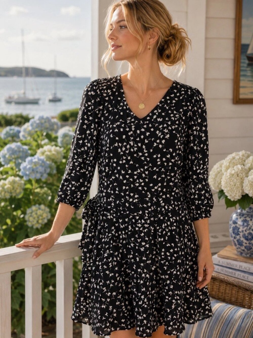 Talbots V-Neck Summer Dress 10P Black with Small White Floral